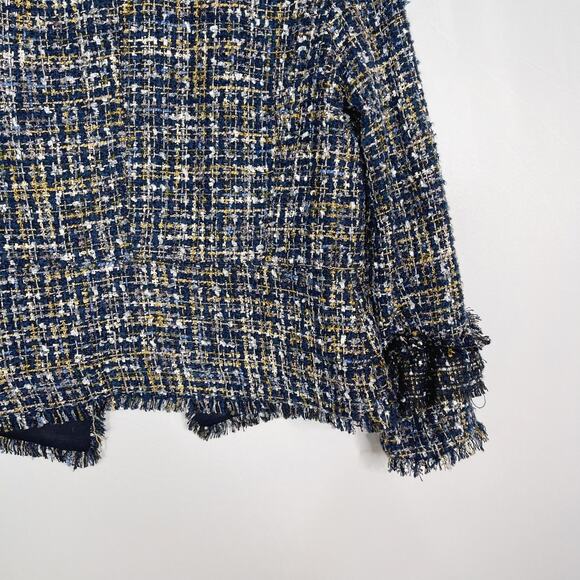 New Ann Taylor 4 Blue Black Ruffle Tweed Peplum Jacket Blazer Hook Eye Front - Picture 8 of 14